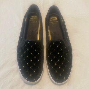Keds Kate Spade Gold Studded Quilted Black Velvet Slip On Sneakers size 8.5